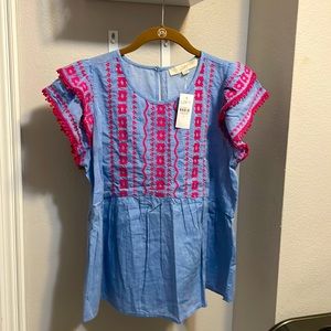 Loft embroidered peplum blue and fuchsia  top. Size Small. New with tags.